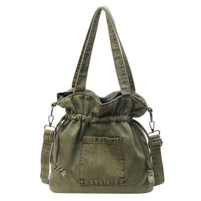 Denim Shoulder Bag Canvas Drawstring Trendy Crossbody Bag Casual Bucket Bag Aesthetic Underarm Bag for Women and Girls