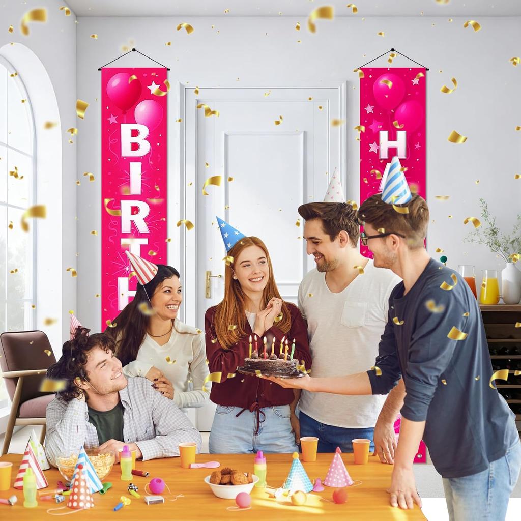 18th Birthday Door Banner 12x72 Inch Pink Gradient Backdrop with White Letters Balloon Cake Star Streamer and Graphics Happy Birthday Sign for Party