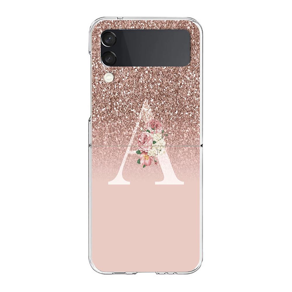 Letter Pink Shiny M R Phone Case For Samsung Galaxy Z Flip 3 4 5 Hard Folding Clear PC Bumper For Samsung Z Flip 6 Cover