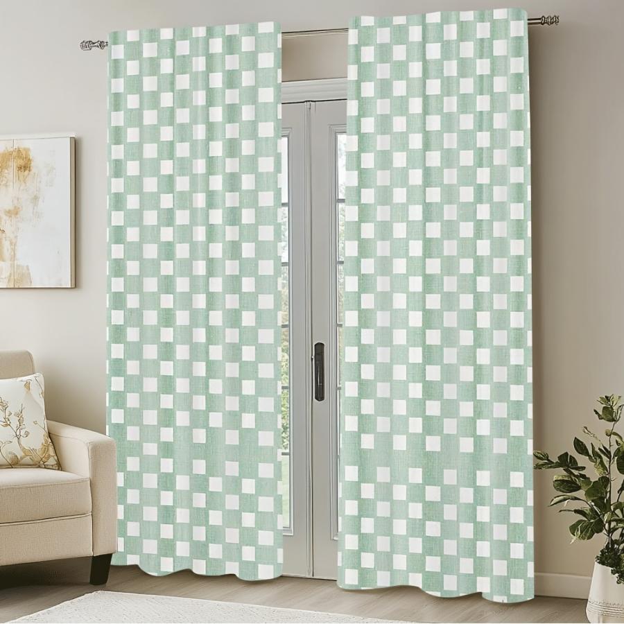 2 Stück digital bedruckte Vorhänge mit Minz-Karomuster, Stilvolle Fensterbehänge für Wohnzimmer, Schlafzimmer, Heimdekoration und Küche