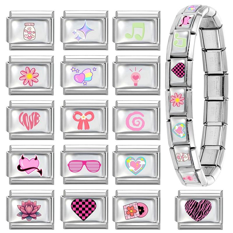 Sweet DIY Making Pink Y2K Italian Charm Bracelet Flowers Lips Bow Heart Eyes Music Bead Fit 9mm Stainless Steel Fashion Jewelry