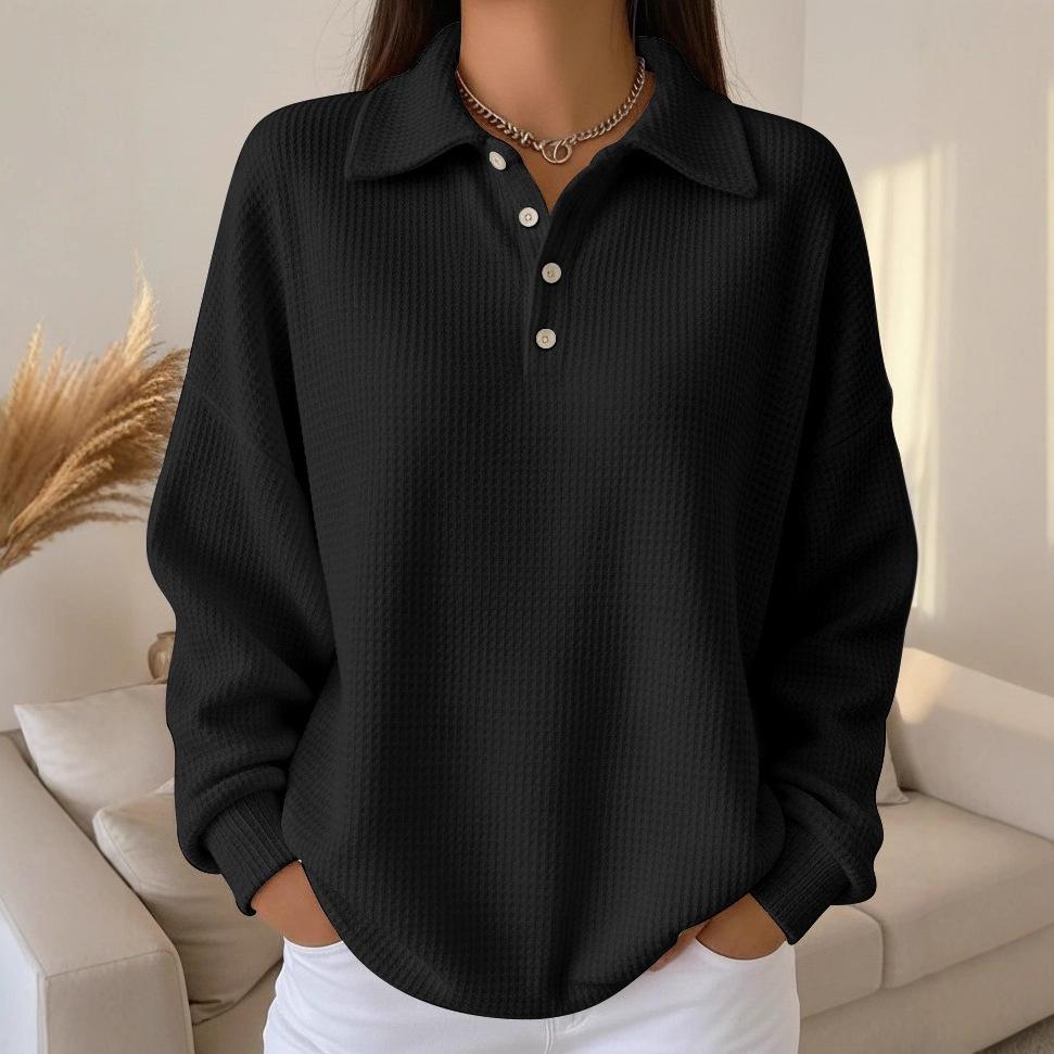 2025 Autumn and Winter New Loose Solid Color Lapel Versatile Polo Shirt Waffle Long-sleeved Women's Top