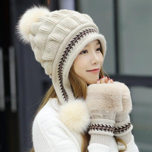 Elegant Fashion Winter Hat Gloves Set For Women With Warm Knit Beanie And Pompoms