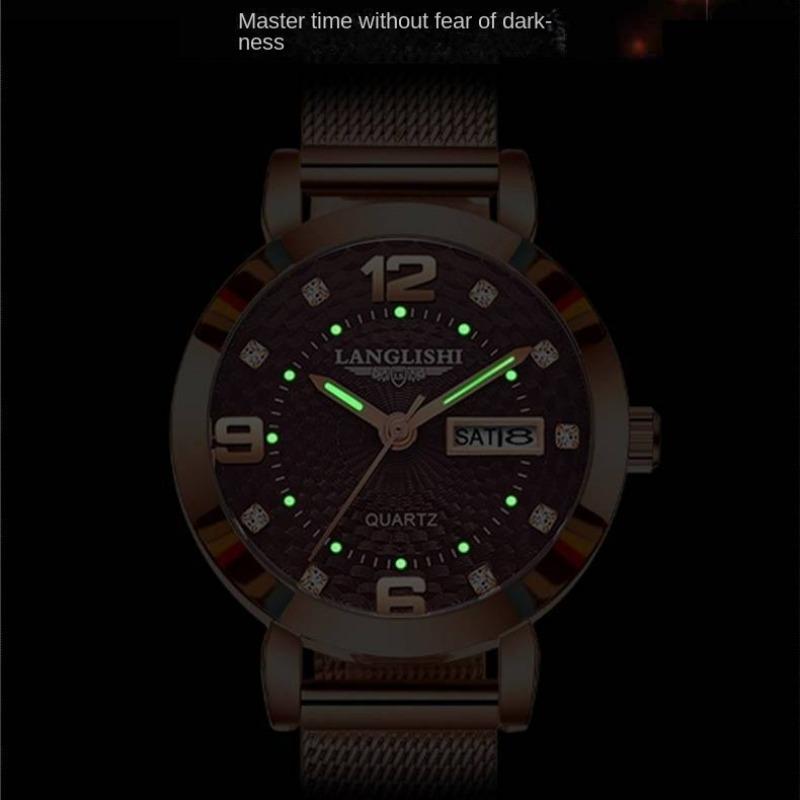 Brand Luminous Waterproof Women's Watch for Female Students Korean-style Fashion Full-automatic Double Calendar Quartz Ultra-thin Wristwatch