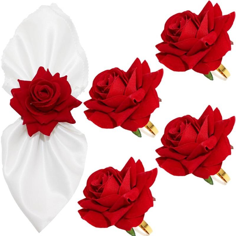 

4Pcs Valentine S Day Red Rose Napkin Rings, Imitation Red Rose Napkin Buckles, Romantic Flower Table Decorations For Valentine S