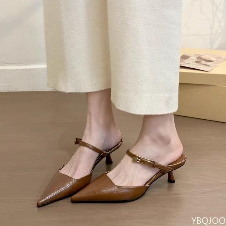 Fashion Summer New Women Fashionable Thin Heel Pointed Middle Heel Small Cap Half Slippers for Wearing Simple Versatile Women's Shoes