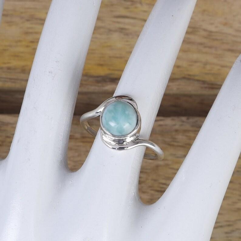 Natural Larimar Round Gemstone Ring, Handmade Designer Ring, 925 Sterling Silver, Stackable Ring, Fashion Jewelry, Ring For Women