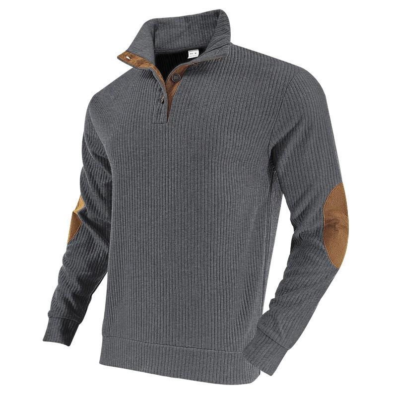 Mens Long Sleeve Hoodie Western Style Ribbed Stand Collar Pullover Sweatshirt Winter Casual Fashion
