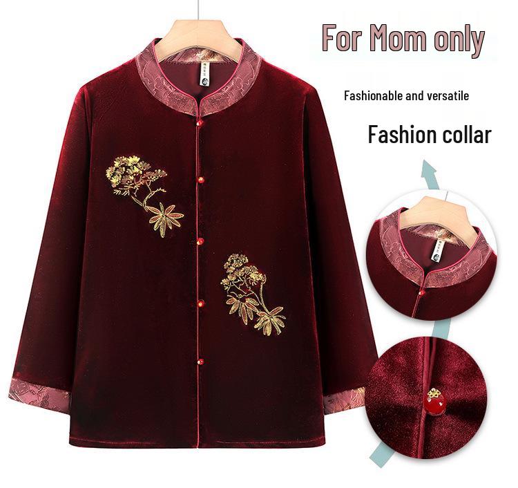 Elegant Golden Velvet Long-Sleeve Shirt for Elderly Women - Perfect for Spring and Autumn