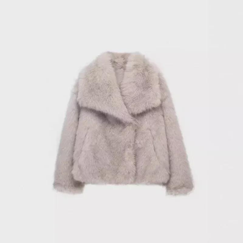 Women's Black Imitation Leather Lamb Wool Coat - Autumn/Winter 2024 Collection