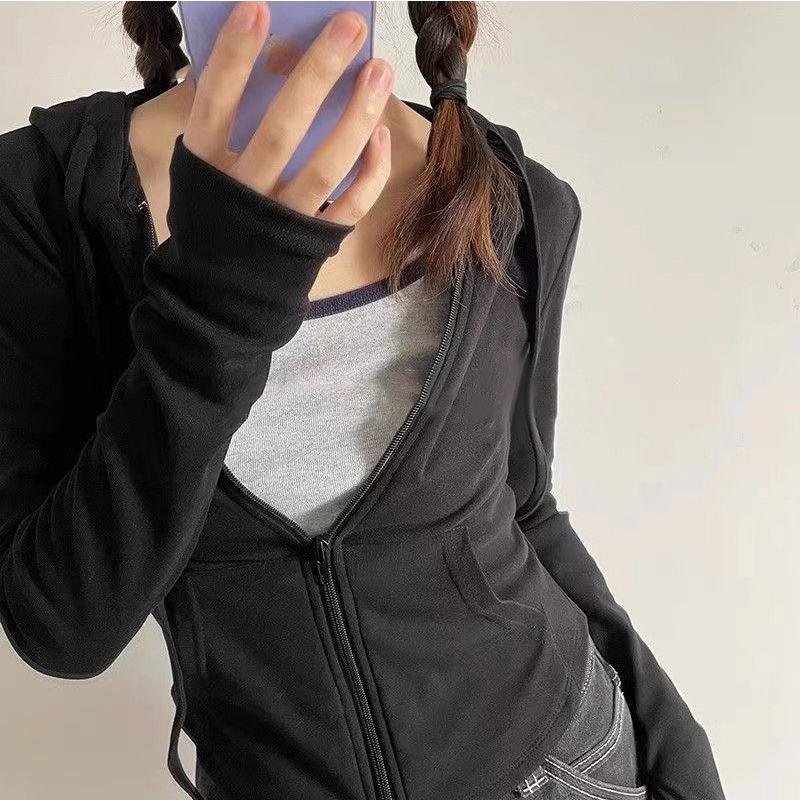Spring Autumn Casual Fashion Solid Color Slim Cardigan Hoodies Women Street Style Drawstring Zipper Hooded Top