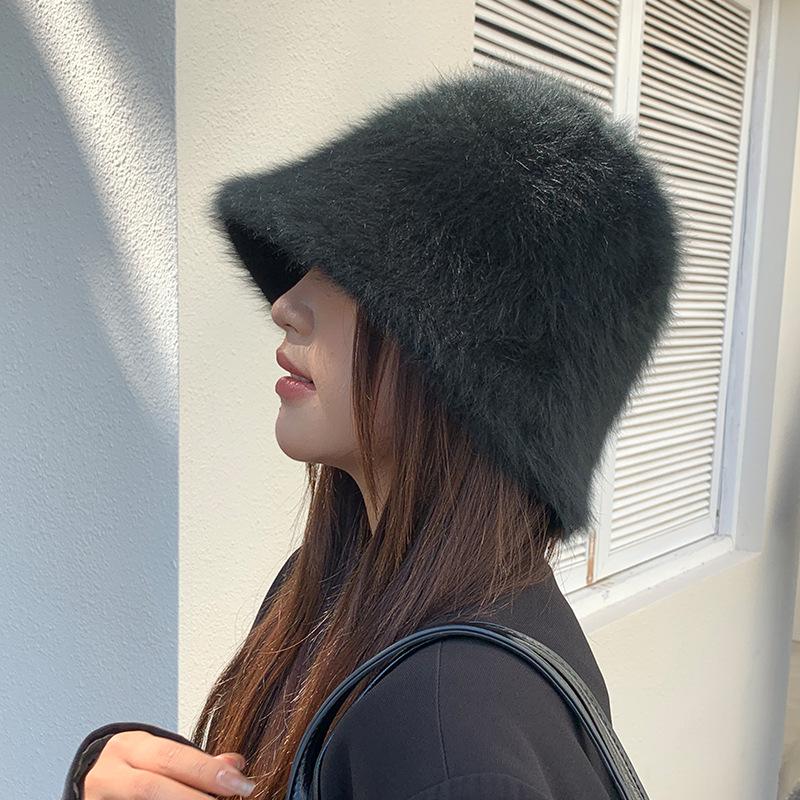 Rabbit Hair Fisherman Hat Children Autumn and Winter Versatile Plush Knitted Bucket Hat Warm Ear Protection Washbasin Hat