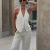 Summer New Product Women's Clothes Commute Style Single Breasted Open Back V-neck Halter Sleeveless Short Vest Jacket Tops