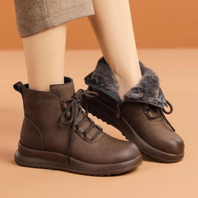 Genuine Leather Winter Shoes Women Snow Boots Thick Sole 3cm Soft Warm Plush  Ladies Ankle Boots Big Size 41 DX719