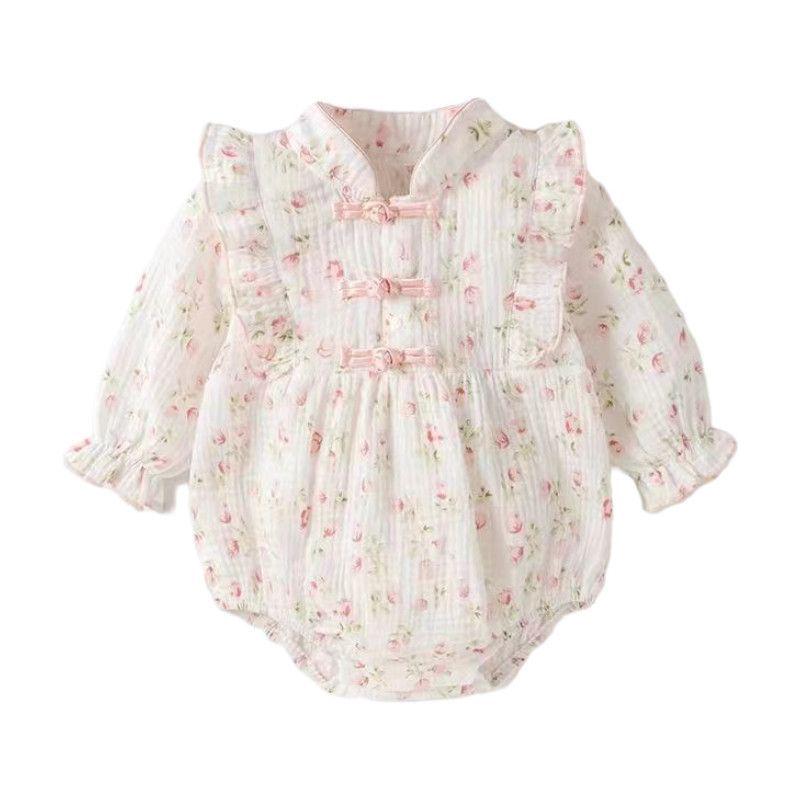 Spring Autumn Floral Princess Romper - Long Sleeve Korean Style Bodysuit for Baby Girls