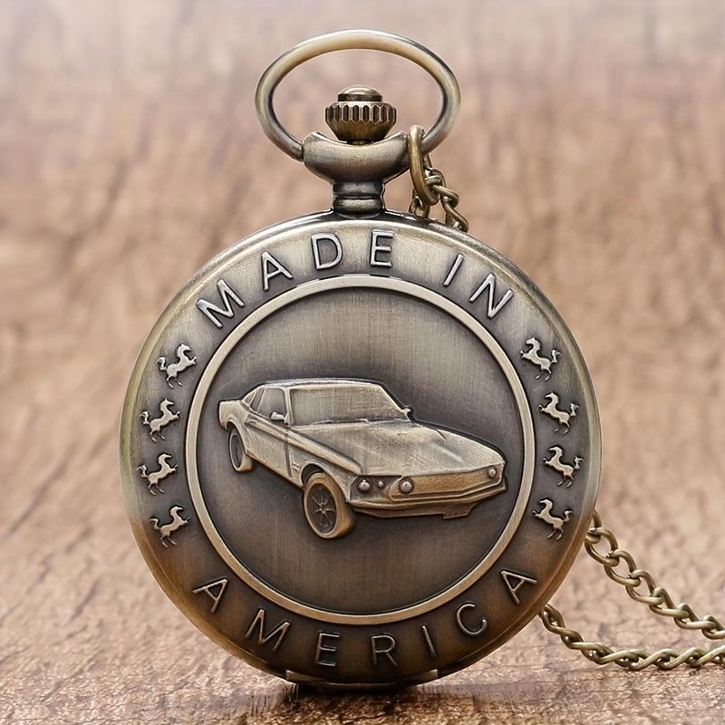 

3D car pattern pocket watch for students, retro flip style large pocket watch for men and women, quartz watch, gift collection коричневий