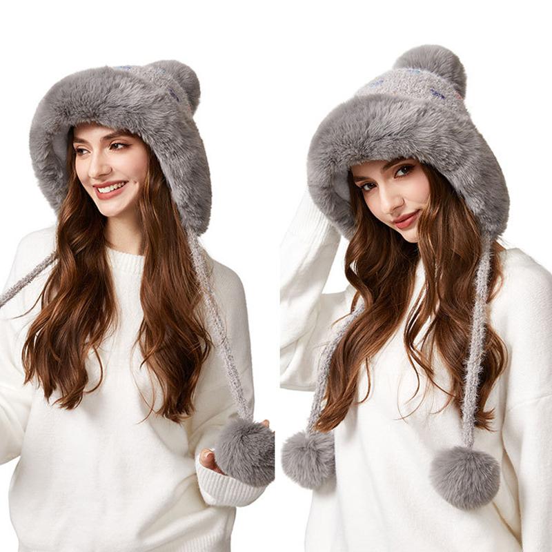 Knitted Hat Women's Thick Wool Collar Wool Hat Plush Three-Ball Warm Hat