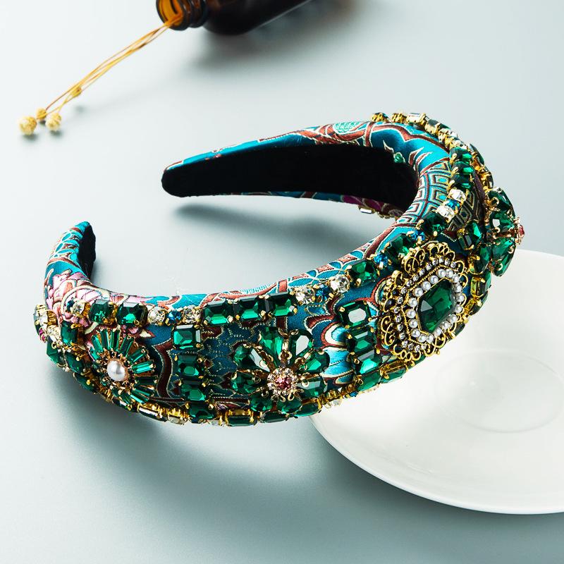 

Женский обруч для волос в стиле барокко, тяжелая работа, полная дрель, утолщенная губка, вышивка, широкий боковой шар, аксессуары для волос OneSize зелёный