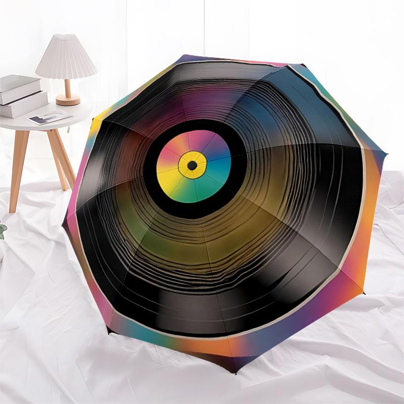 1pc Vinyl Record Automatic Folding Umbrella - Windproof Compact Travel Umbrella with Auto Open/Close, 8-Rib Heavy-Duty Shaft for Women/Men A054