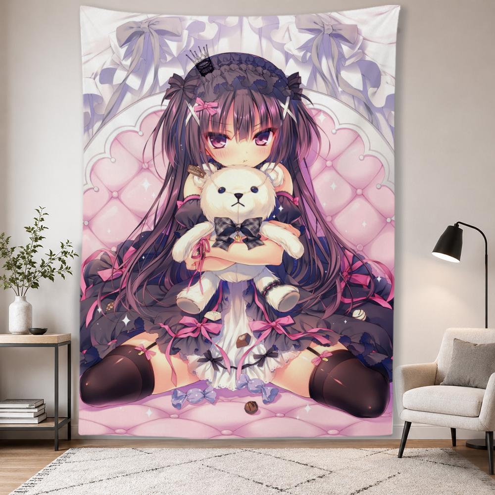 Cute Lolita Anime Girl Wall Tapestry Hug Teddy Bear Pastel Gothic Aesthetic Wall Hanging Bedroom Dorm Room Home Decor Cloth