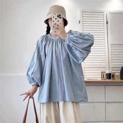 Vintage Embroidery Pleated Round Neck Top Women Spring Patchwork Cut-out Balloon Sleeve Shirts Women