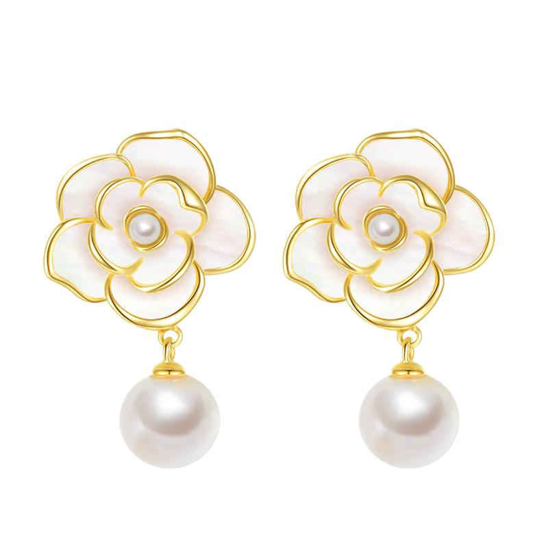 Chow Tai Seng Camellia Pearl 925 Silver Stud Earrings