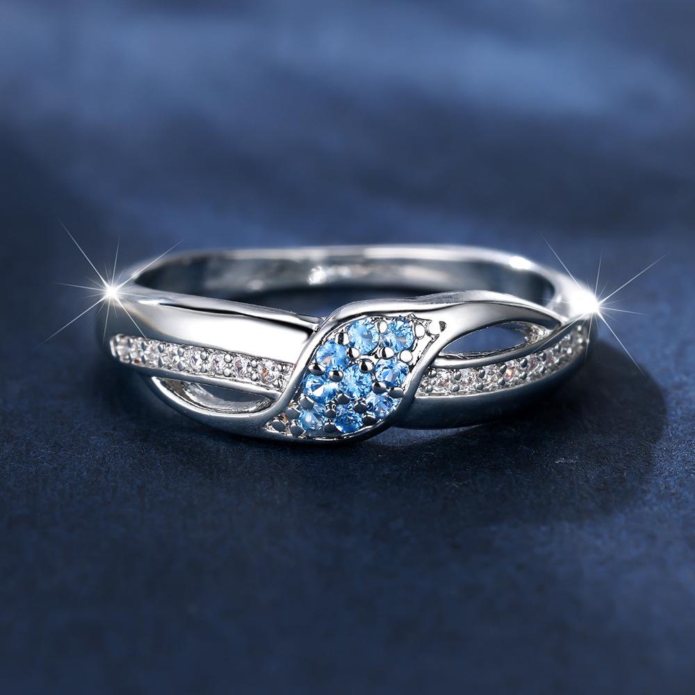 Wish European and American Sea Blue Diamond Edge Inlaid White Diamond Leaf Ring Simple Personality Light Luxury Ring Goods