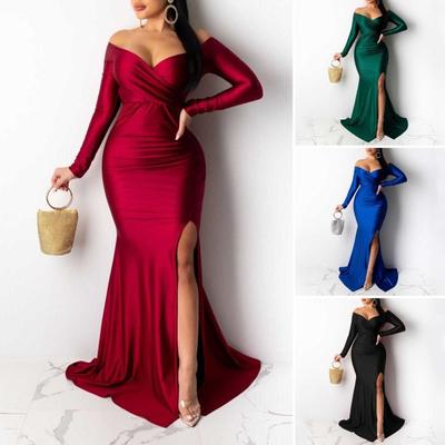 Lady Evening Dress V Neck Off Shoulder Side Slit Floor Length Long Sleeves Pleated Slim Fit Maxi Dress Ball Gown Banquet Party Dress