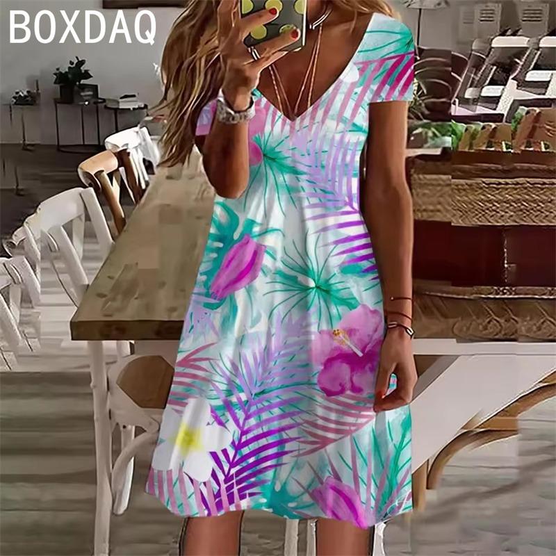 Boho  Flower Vintage Casual A-Line Dress Women Summer Short Sleeve V-Neck Hawaii Beach Party Dress