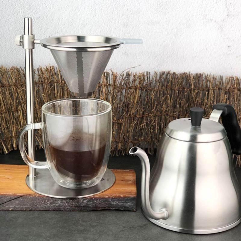 Adjustable Stainless Steel Coffee Maker Station Stand with Double Filter Freestanding Drip Cone Brewer