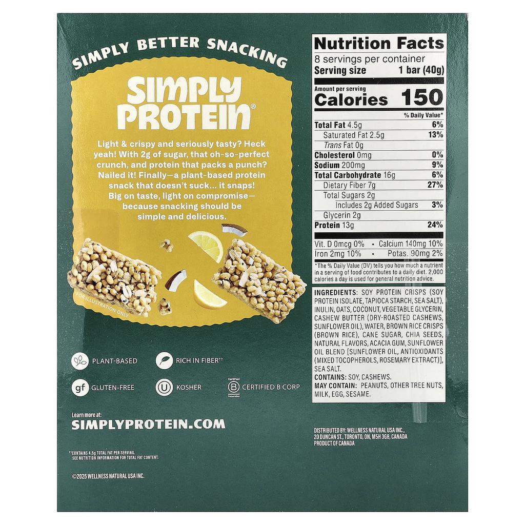 Simply Protein, Knusprige Snack-Riegel, Zitrone Kokosnuss, 8 Riegel, 40g (1.41oz) Jeder