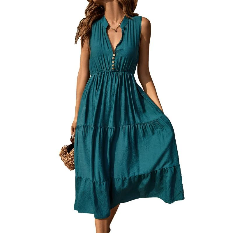 Women's Sleeveless V-Neck Button Maxi Dress Tiered Loose Casual Summer Long Dress