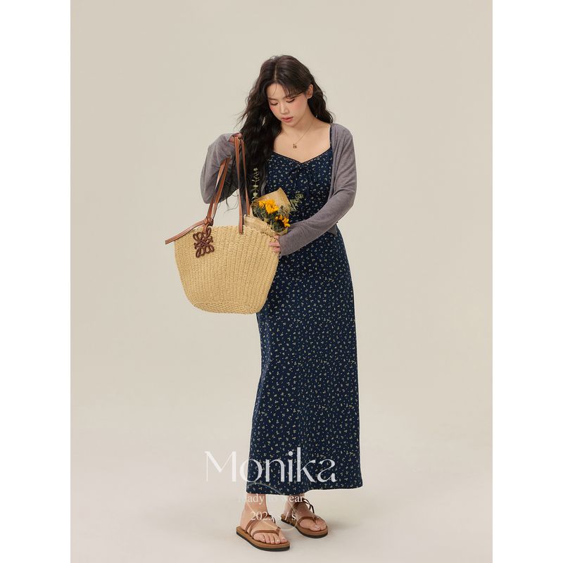 

Monica Plus Size Women s Clothing Plus Size Ladies French Waist Slim Looking Floral Strap Dress Short Gray Cardigan Outwear Cardigan XL