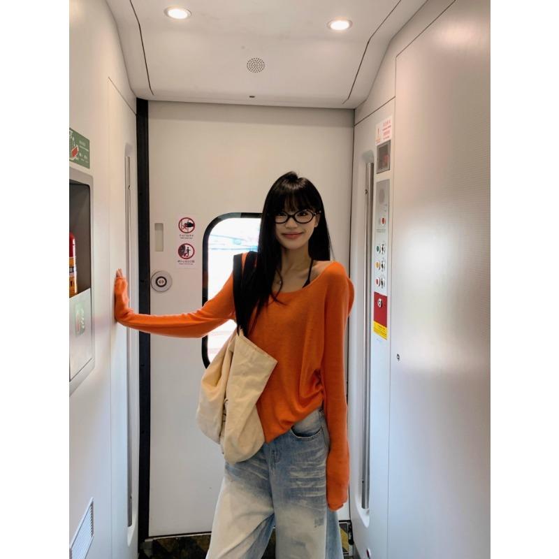 Summer Thin Long-sleeved Sun Protection Cover-up T-shirt Women's Loose Casual Off-shoulder New Top