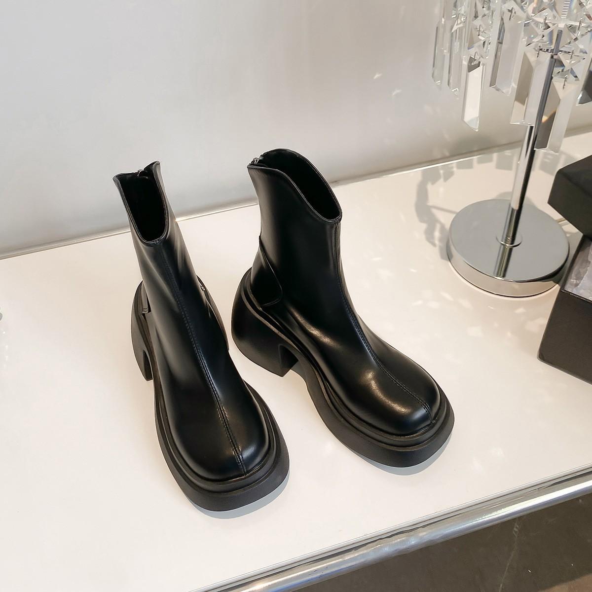 

French skinny boots women s thick heel thick sole heightened rear zipper Martin boots v-mouth white medium tube short boots 35