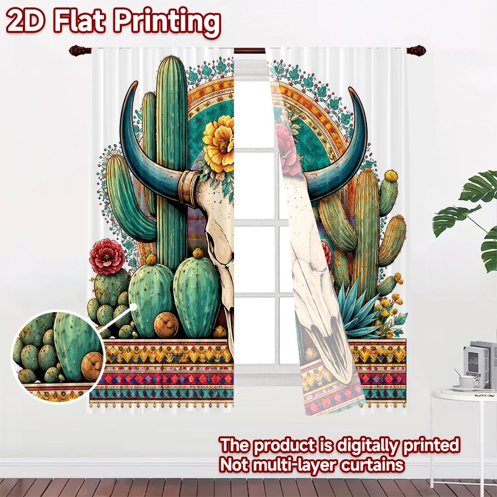 2D FLAT PRINTING 2pcs Curtains (Without Rod) Southwest Bull Skull Popular Pattern Curtains Machine Washable Fabric Curtains