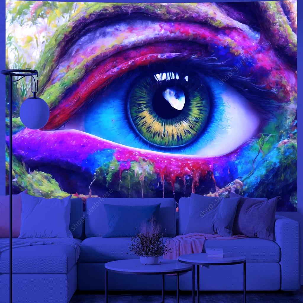 Psychedelic Eye of God UV Reactive Tapestry for Witchcraft Hippie Wall Hanging Bohemian Mandala Art Aesthetic Room Wall Decor