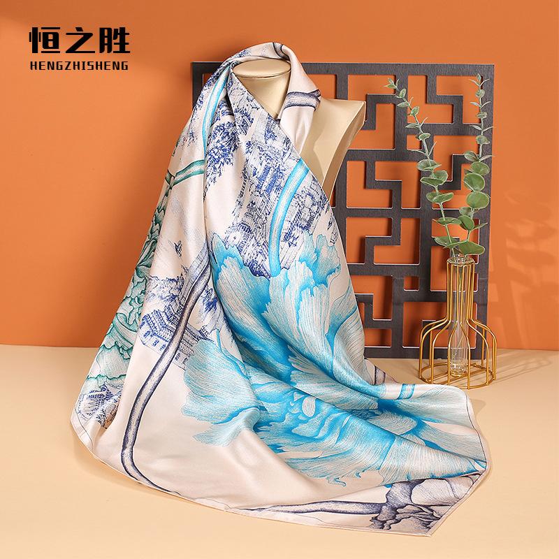 Mulberry silk silk scarf silk women s castle blue lotus 90 spring French retro large square scarf women s sunscreen scarf belt 90*90