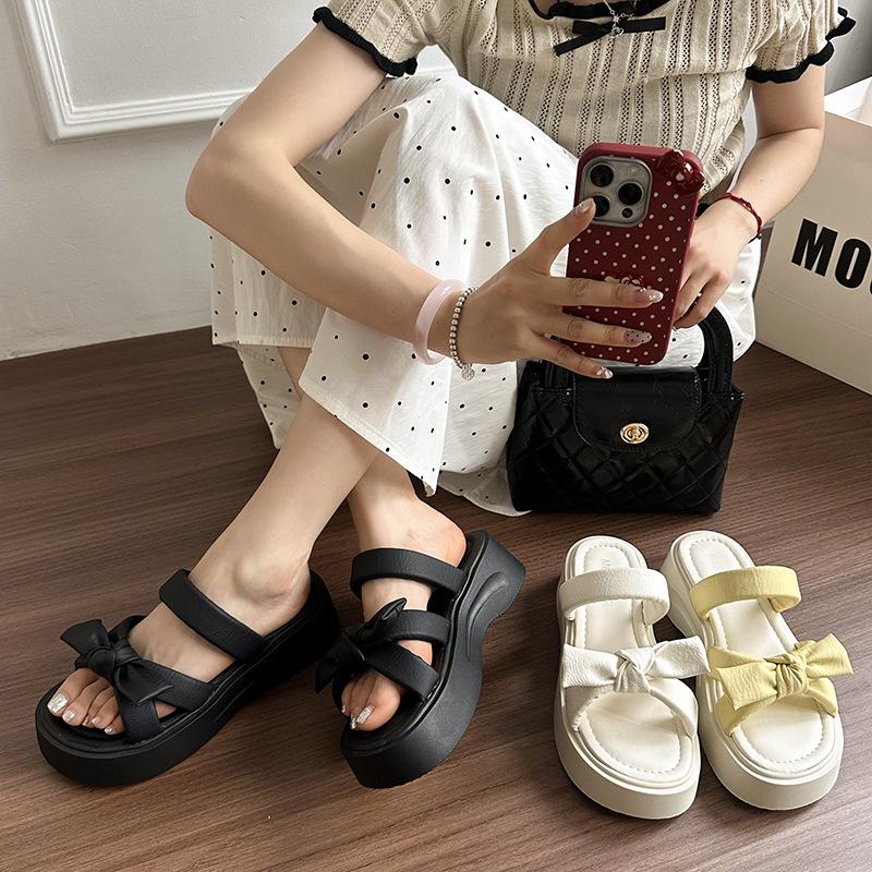 Bow thick-bottomed cool slippers women's outer wear new summer skirt versatile one-word drag