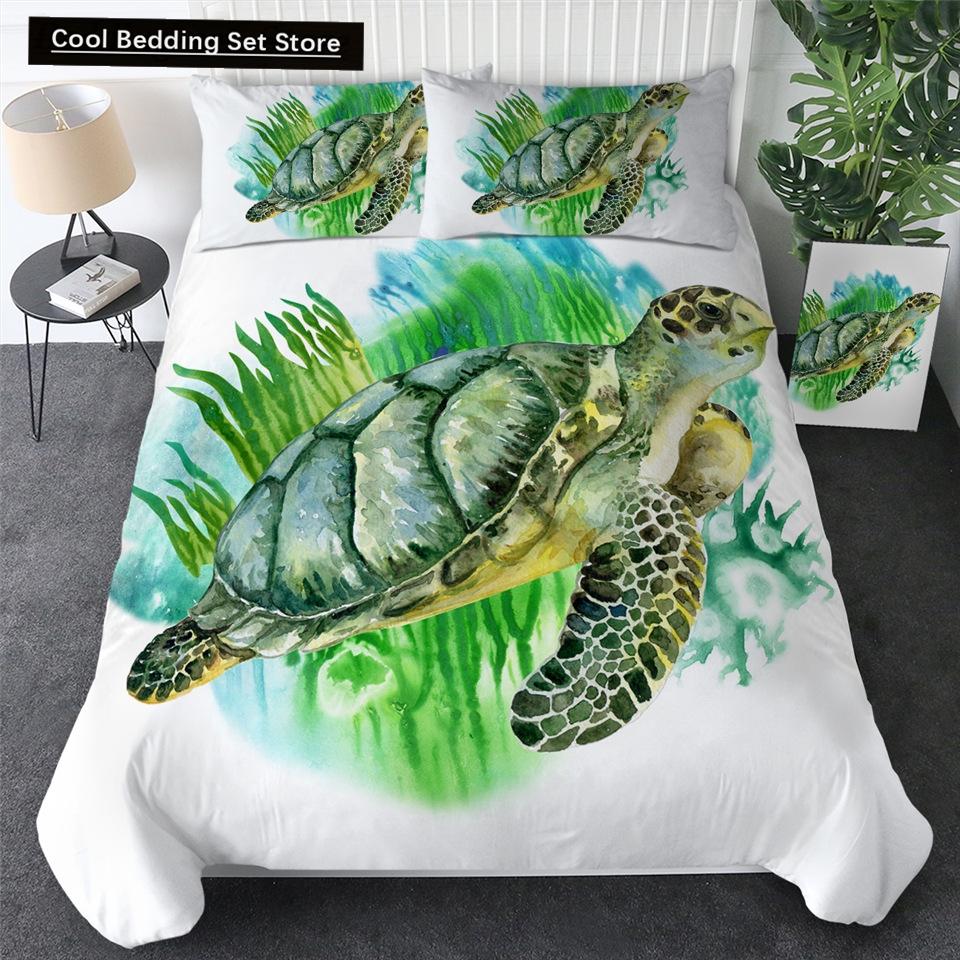 Sea Turtle Duvet Cover Set Pillow Cases Ocean Animal Turtle Bedding Set Queen King Kids Home Textiles Map Coral Soft Quilt Cover