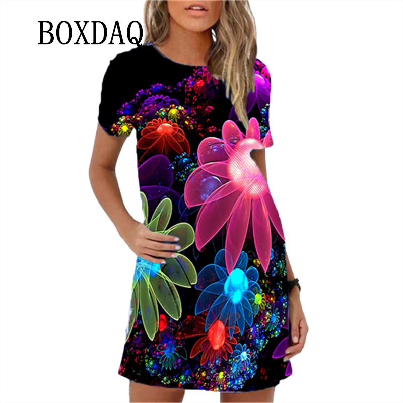 Gradient Colorful Flame Print Women Dresses Fashion Short Sleeve Loose A-Line Dress Oversized Summer Casual Beach Party Sundress