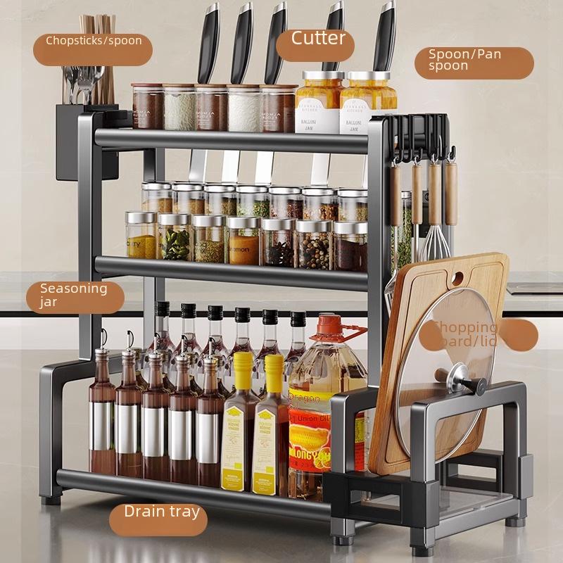 Gun Gray Kitchen Countertop Condiment and Utensil Storage Rack - Includes Knife Holder, Chopstick Tube, and Cutting Board Rack.