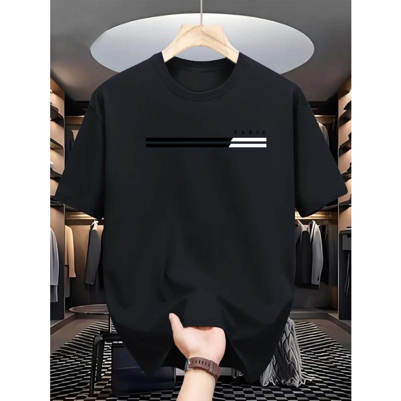 Men's Summer Loose Size PARIS Letter Graphic Printed Slim Fit Casual Sports Round Neck Short Sleeved T-shirt Top