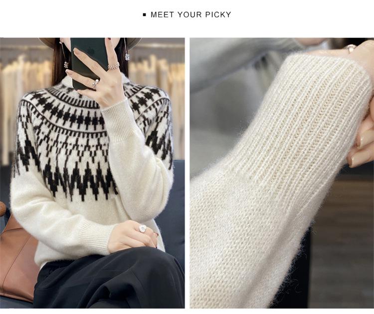 Women's Retro Jacquard Wool Sweater - Thick Loose Fit with Half-High Collar & Long Sleeves for Fall/Winter