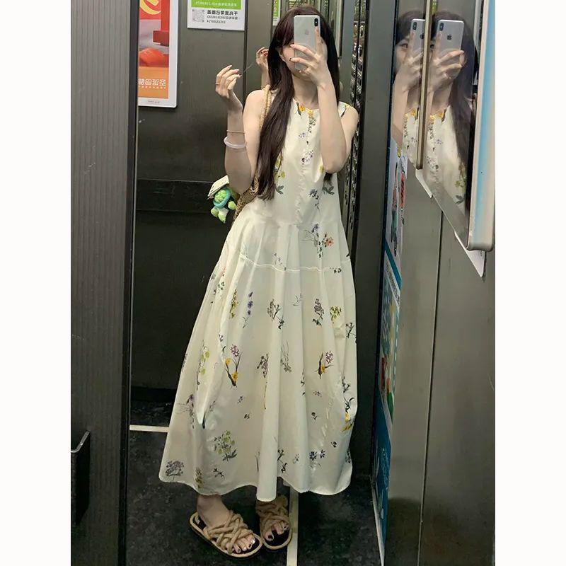 Korean Style Printed Sleeveless A-Line Summer Tea-Length Dress