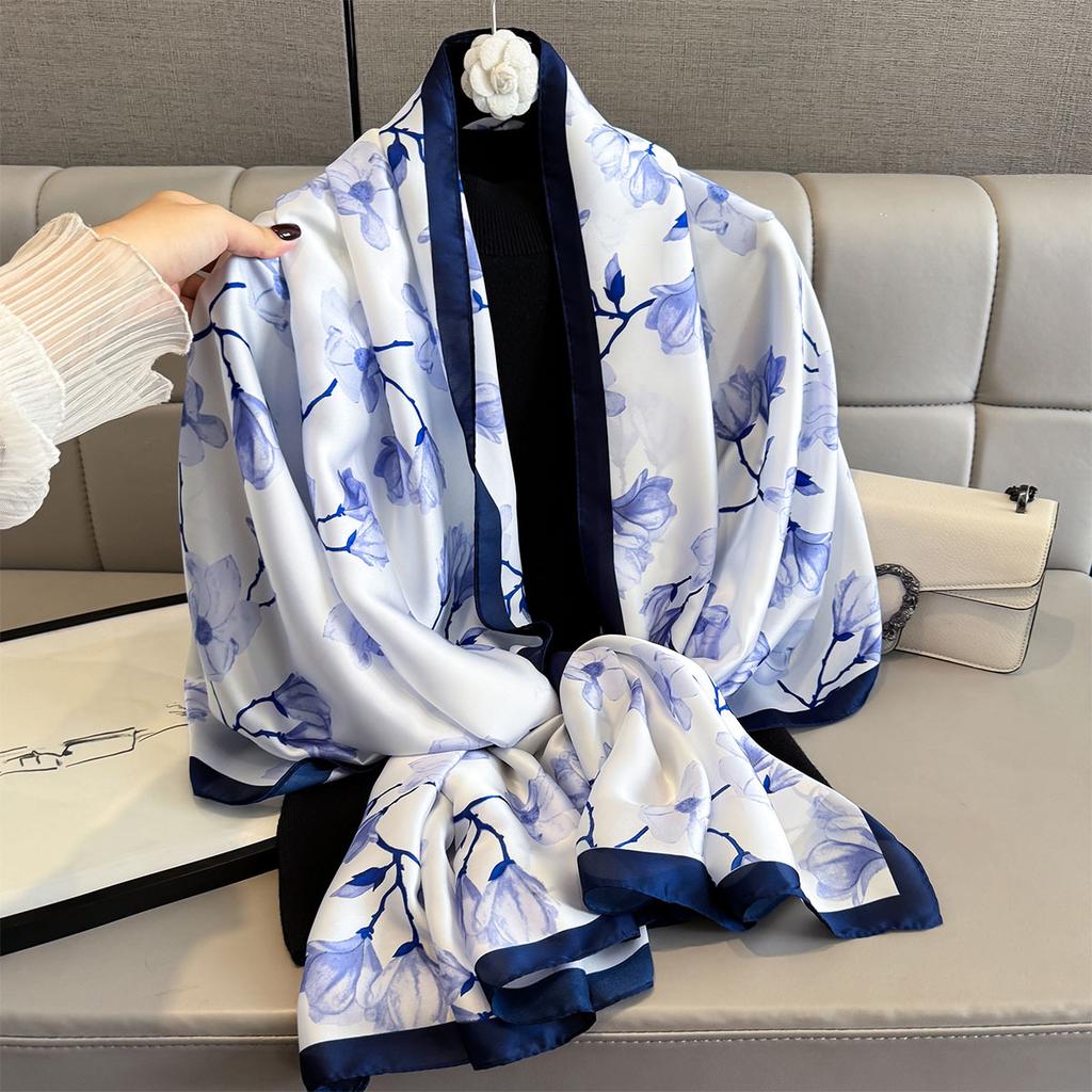 Luxury Long Scarf For Women Floral Shawl Warps For Travel Beach Ladies Hijab Elegant Neckerchief Soft Stain Faux Silk Scarves