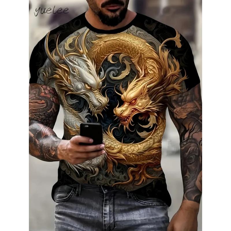 Vintage Dragon Pattern Men's T-Shirts Summer Outdoor Men's Clothing Round Neck Men Short Sleeved Tee Printing Breathable Men Top