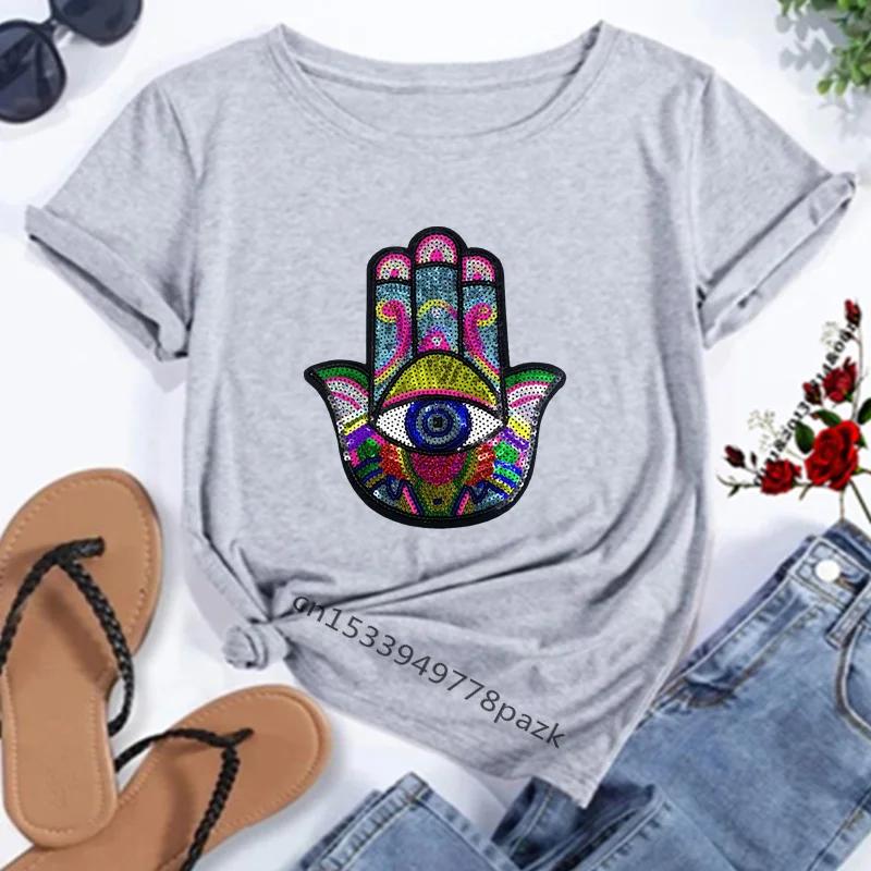 Camisetas con estampado de la mano de Fátima de Hamasa para mujer, camisetas Unisex Harajuku de la mano de Hamsa de la suerte, camisetas negras de manga corta para verano para mujer