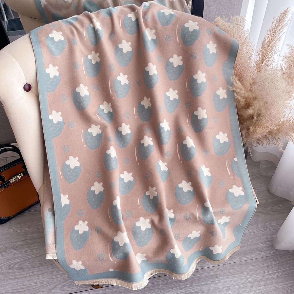 Korean Version Cute Strawberry Imitation Cashmere Scarf Women'S Long Travel Sunscreen Printed Fringed Medium Long Shawl