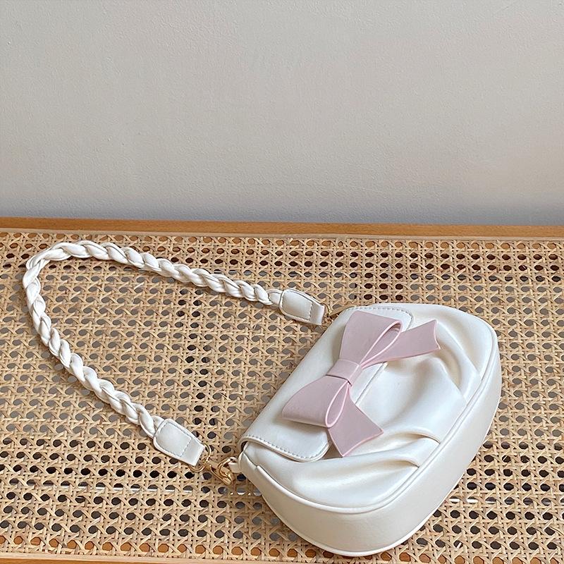 Summer Sweet and Cute Bow Small Round Bag, Pleated Cloud Bag Soft Shoulder Messenger Bag Women